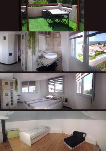 un collage de trois photos d'une chambre dans l'établissement Château d'eau réaménagé en Maison ronde proche de la plage et du Castellet, à Saint-Cyr-sur-Mer