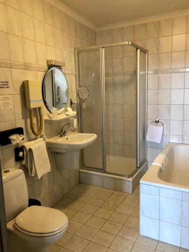 a bathroom with a shower and a toilet and a sink at Grand Cafe Hotel de Bourgondier in Bergen op Zoom