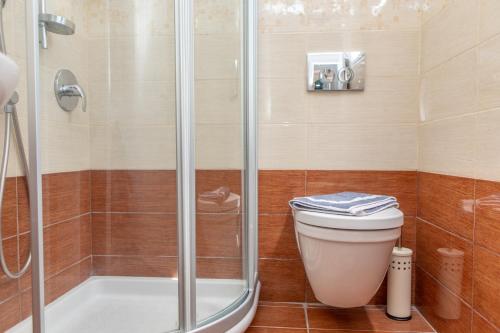 a bathroom with a shower and a toilet at Naxos Illusion Nikos Verikokos in Naxos Chora