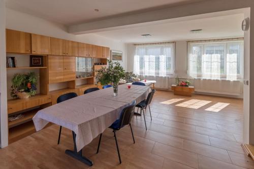 a large kitchen with a long table and chairs at Apartmán GARDEN in Lednice