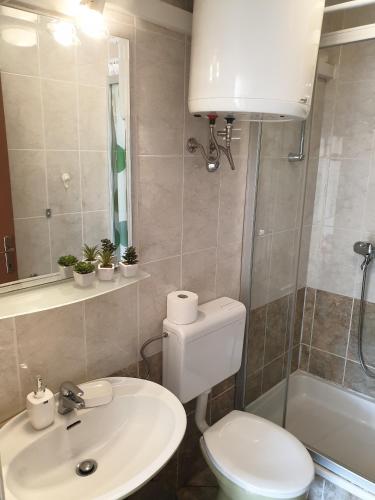 a bathroom with a white toilet and a sink at Studio Airport Dubrovnik in Čilipi