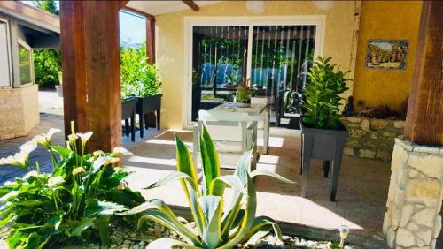 a patio with plants and a table and chairs at Gite aux Lauriers d'Adhémar in La Garde-Adhémar