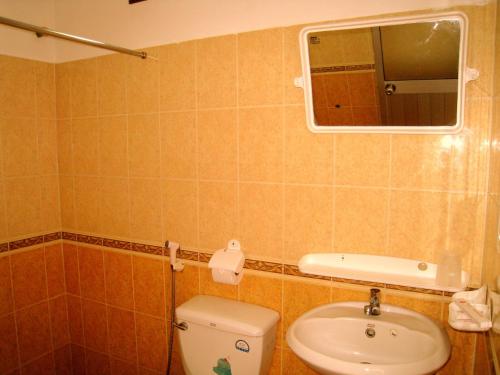 y baño con aseo, lavabo y espejo. en Hoang Kim Golden Resort, en Mui Ne