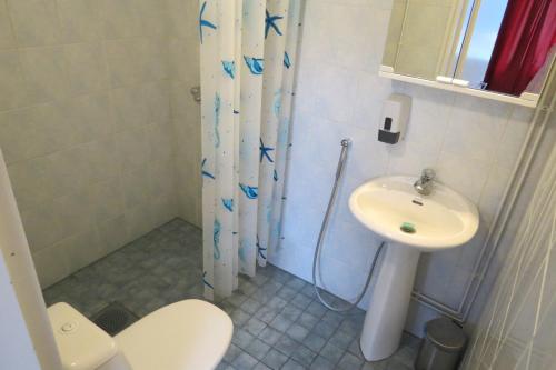 La salle de bains est pourvue d'un lavabo, de toilettes et d'une douche. dans l'établissement Laatokan Portti Apartments, à Parikkala