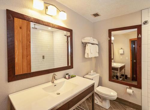 a bathroom with a sink and a toilet and a mirror at Cove Point Lodge in Beaver Bay