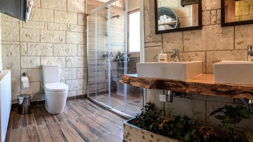 a bathroom with two sinks and a shower at Vasiliou House in Khandria