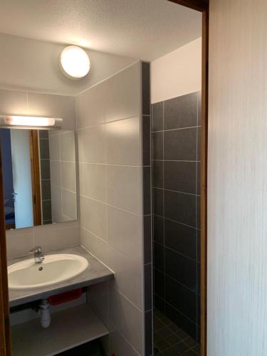 uma casa de banho com um lavatório e um espelho em Résidence Les Ecrins em Ancelle