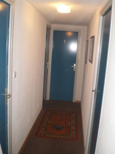 a hallway with a blue door and a carpet at L'Auberge Fleurie in Le Nayrac