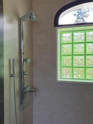 a shower in a bathroom with a window at Hotel Segles - Turismo de Interior in Campos