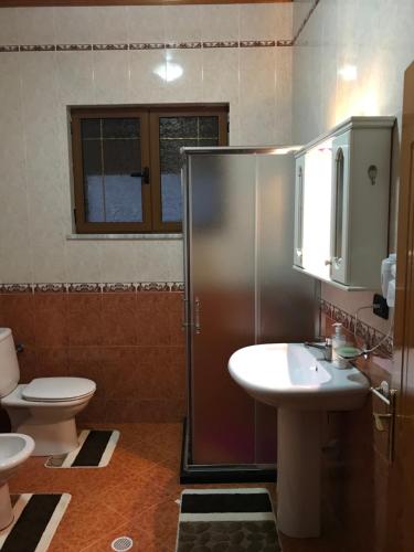 a bathroom with a shower and a sink and a toilet at Rezidenca Aurel Center in Berat