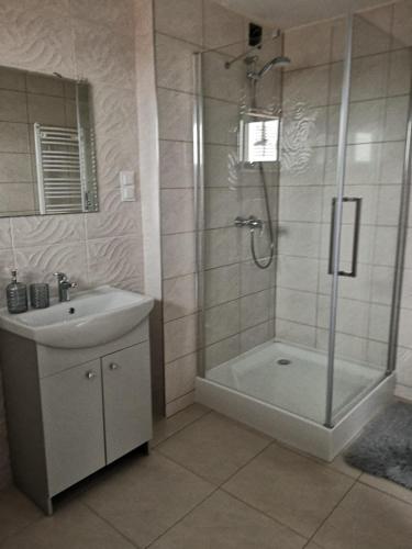a bathroom with a shower and a sink and a shower at Malinowa 36 Apartamenty in Chojnice