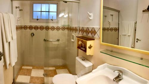 a bathroom with a toilet and a shower and a sink at Canada Lodge Campos do Jordão in Campos do Jordão