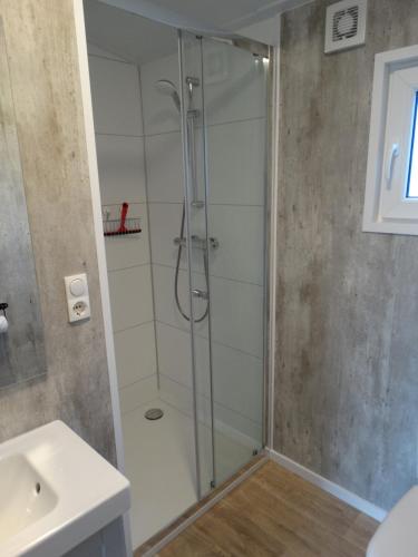 a shower with a glass door in a bathroom at Minicamping Zonnehoek in Biggekerke