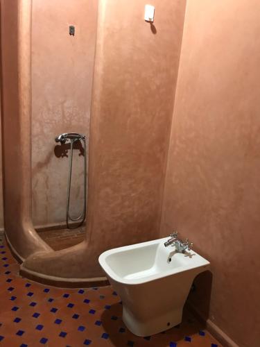 a bathroom with a shower with a sink and a toilet at Wiss Appartement in Essaouira