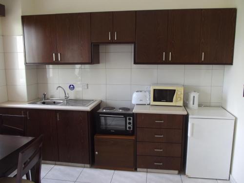 a kitchen with wooden cabinets and a sink and a microwave at Kefalonitis Hotel Apartments in Paphos City