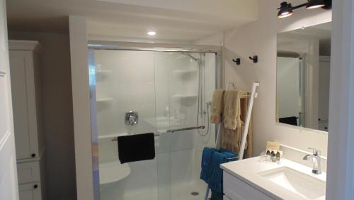 a bathroom with a shower and a sink at Carriage House On Kent in Niagara-on-the-Lake