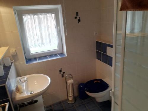 a bathroom with a sink and a toilet and a window at Stadldorf» Ferienwohnung Wagner in Kirchroth