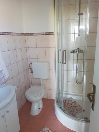 ビビニェにあるHouse Nenaのトイレとガラスのシャワー付きのバスルーム