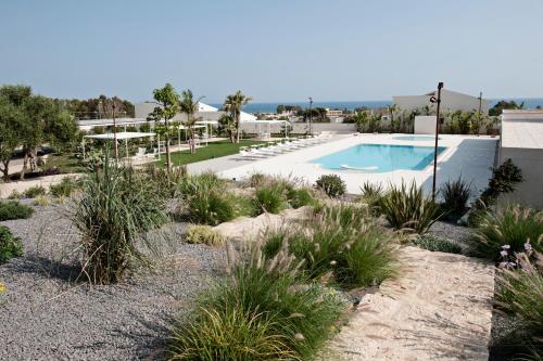 una piscina en un patio con plantas en La Scibina, en Marina di Ragusa