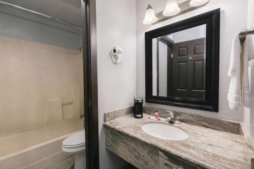 a bathroom with a sink and a mirror and a toilet at Super 8 by Wyndham Austin University/Downtown Area in Austin