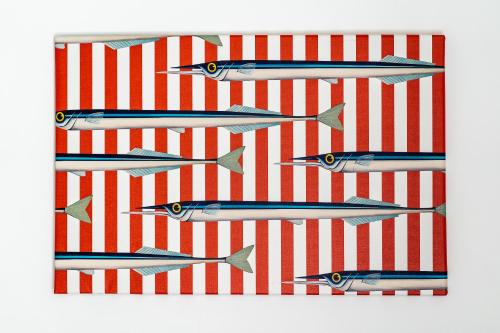 a red and white striped paper with a group of fish at Hotel Torre Barbara in Vico Equense