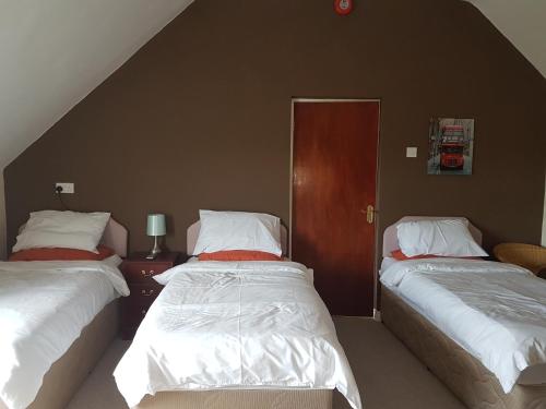 1 dormitorio con 2 camas individuales y puerta en Gortin Glen Guest House, en Garvagh