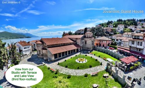 an aerial view of an old building with a garden at Jovanovic Guest House in Ohrid