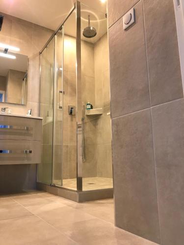 une douche avec une porte vitrée dans une salle de bain dans l'établissement Appartement plein centre Saint Florent face au port, à Saint-Florent