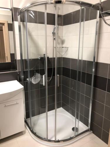 una ducha con puerta de cristal en un baño en RS Apartments, en Olomouc