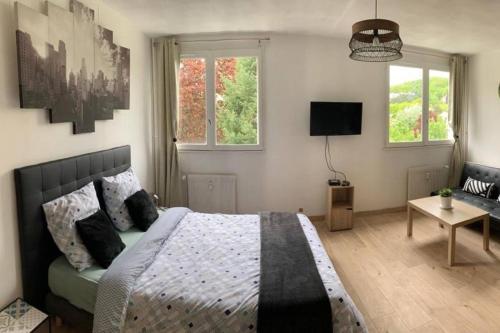 - une chambre avec un lit, un canapé et deux fenêtres dans l'établissement Studio cosy centre ville équipé, calme, à Saint-Étienne