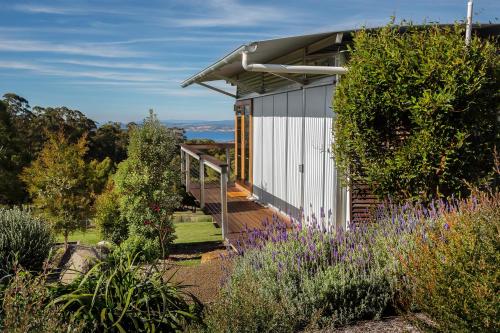 Casa pequeña con una escalera que conduce a un jardín en Hobart Hideaway Pods, en Kingston