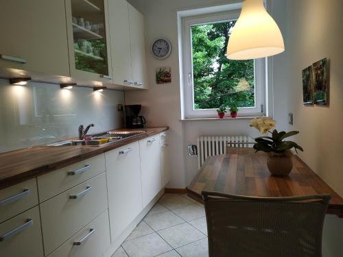 梅拉諾的住宿－Appartment Trojer，厨房配有木桌和窗户。