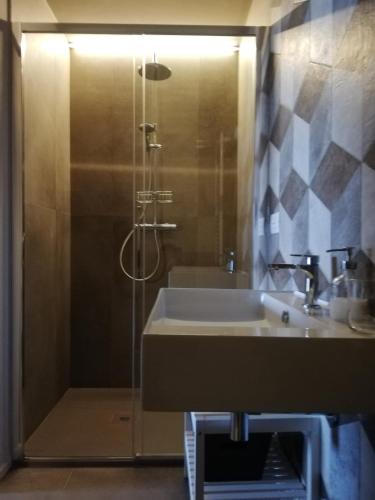 a bathroom with a shower with a sink and a shower at Agriturismo Le Piccole Macìe in Magliano in Toscana