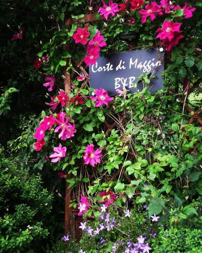 a sign in a bush with pink flowers at Corte di Maggio B&B Country House in Imola