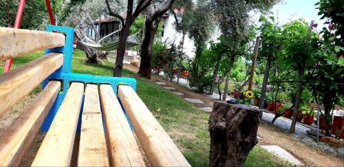 a wooden bench sitting in a park with a tree stump at Katerina Fotopoulos Rooms & Apartments - Papanero com in Agios Ioannis Pelio