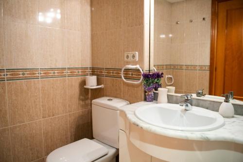 a bathroom with a sink and a toilet and a mirror at Apartamento in Santa Susanna