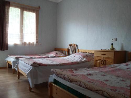 a group of three beds in a room with a window at Emma's Guesthouse in Borjomi in Borjomi