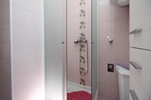 a shower with a glass door in a bathroom at Apartment Plese in Baška