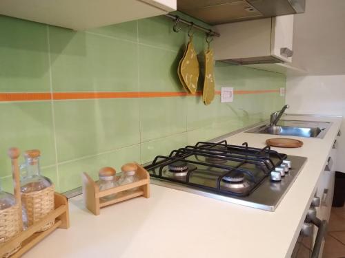 a kitchen counter with a stove and a sink at Cascina Bringin in Mondovì