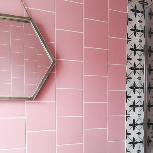 a pink bathroom with a mirror and pink tiles at The Blue Mantle in Wellington