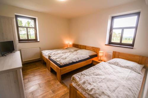 - 2 lits dans une chambre avec 2 fenêtres dans l'établissement Pension Pod Hvězdami, à Božejov