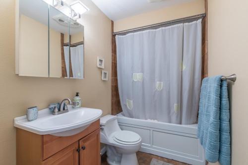 a bathroom with a sink and a toilet and a shower at the Juliet, Best Area, 2 Bedrooms, WD, Jacuzzi Bath, New Carpet, 825sf in Tacoma