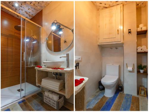 twee foto's van een badkamer met een toilet en een douche bij Noah House city center - Historic center in Cádiz