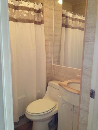 a small bathroom with a toilet and a sink at Beachfront Apartment Reñaca Chile in Viña del Mar