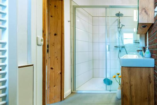 a bathroom with a shower and a sink at Deichkrönchen Ferienwohnung Altes Land Hamburg in Jork