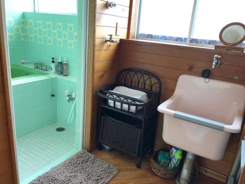 uma pequena casa de banho com um lavatório e um chuveiro em ゲストハウス奄美ルリカケス em Amami