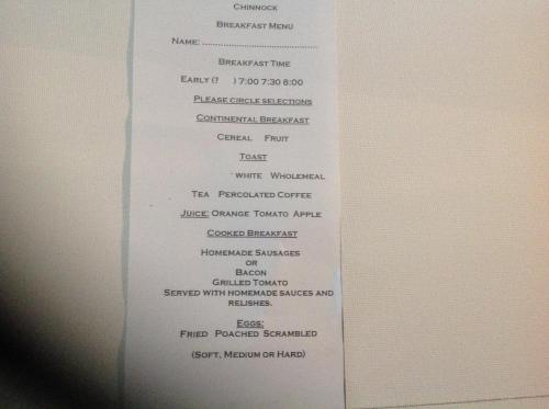 a picture of a menu for a restaurant at Chinnock B&B in Gilgandra