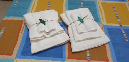 two white towels with green spiders on them on a quilt at Mamma Rosa in Trecase