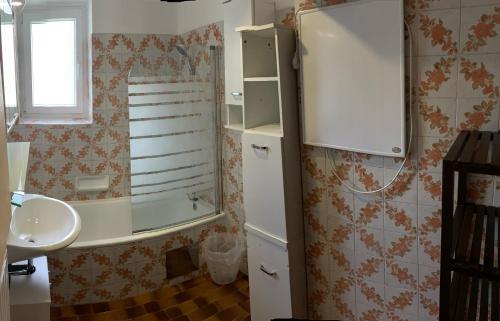 ein Badezimmer mit einem Waschbecken und einem weißen Kühlschrank in der Unterkunft Ferienhaus Rafaela mit Privatstrand in Ledenitzen