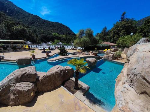 een zwembad met rotsen en een palmboom in een resort bij Camping Les Oliviers in Porto Ota
